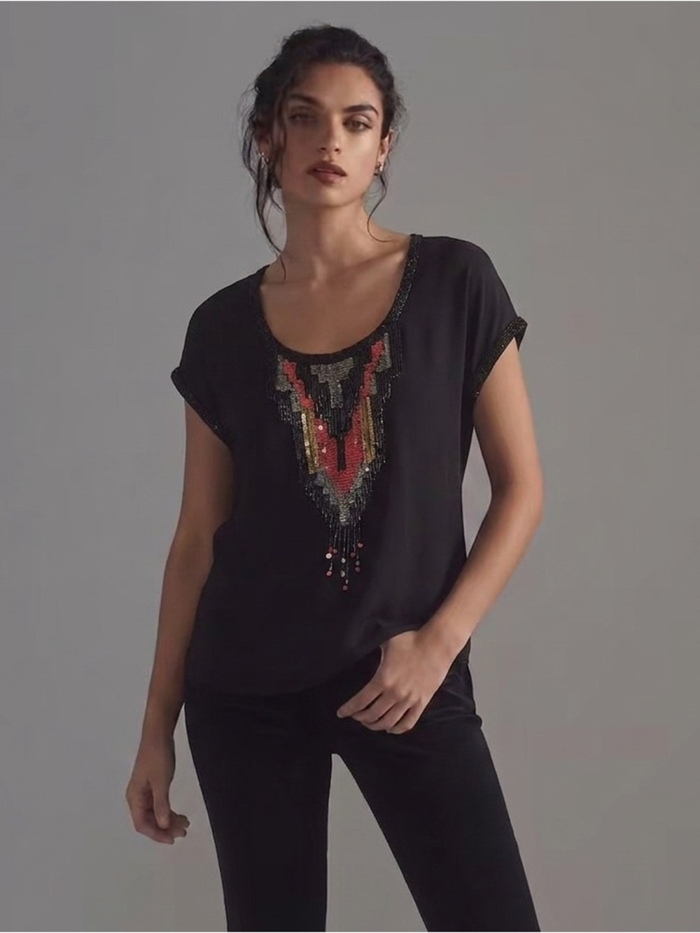 Anthropologie Yoana Baraschi S Beaded Sequin Short Sleeve Black Blouse Art Deco